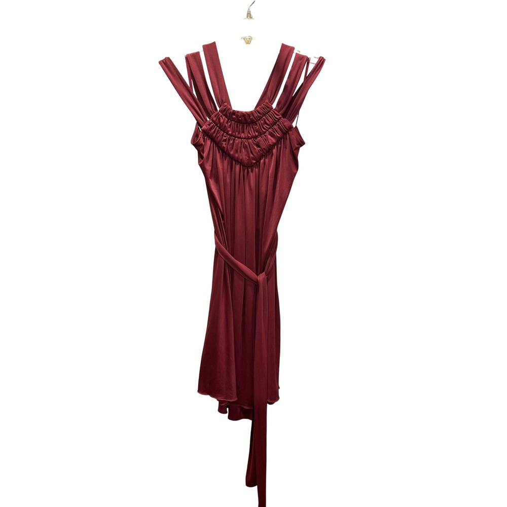BCBGMAXAZRIA Burgundy Ruched Halterneck Mini Dress Spaghetti Straps Belted‎ Sz S
